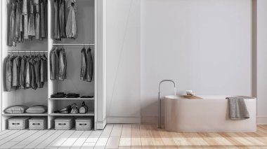 Mimari iç mimar konsepti: elle çizilmiş tamamlanmamış proje gerçek, minimalist, ahşap banyolu, gömme dolaba sahip. İskandinav tarzı