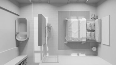 Tamamen beyaz proje taslağı, İskandinav İskandinav İskandinav tahta yatak odası ve banyo. Çift kişilik yatak ve küvet, dolapta yürümek. Manzara, plan, yukarısı. En düşük iç tasarım