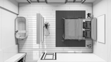 Tamamlanmamış proje taslağı, İskandinav İskandinav ahşap yatak odası ve banyo. Çift kişilik yatak ve küvet, dolapta yürümek. Manzara, plan, yukarısı. En düşük iç tasarım