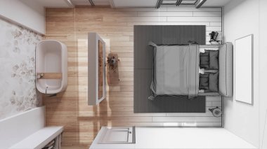 Mimari iç mimar konsepti: elle çizilmiş, tamamlanmamış, İskandinav İskandinav tahta yatak odası ve banyosu haline gelen proje. Manzara, plan, yukarısı. Asgari biçim