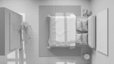 Tamamen beyaz proje taslağı, İskandinav İskandinav tahta yatak odası. Çift kişilik yatak, halı ve dekorasyon. Parke zemin. Manzara, plan, yukarısı. En düşük iç tasarım