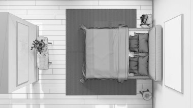 Tamamlanmamış proje taslağı, İskandinav İskandinav tahta yatak odası. Çift kişilik yatak, halı ve dekorasyon. Parke zemin. Manzara, plan, yukarısı. En düşük iç tasarım