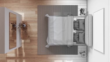 Mimari iç mimar konsepti: elle çizilmiş, tamamlanmamış, İskandinav İskandinav tahta yatak odası haline gelen proje. Manzara, plan, yukarısı. Asgari biçim