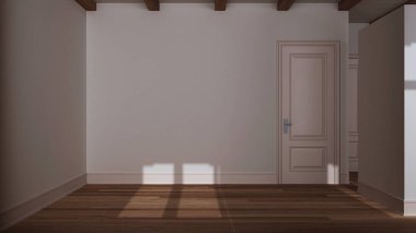 Karanlık akşam sahnesi, boş oda iç tasarımı, parke döşemeli açık alan, kirişler tavan ve beyaz duvarlar, modern mimari konsepti