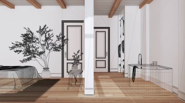 Parke zeminli boş beyaz iç döşeme, özel mimari tasarım projesi, siyah mürekkep çizimi, minimal banyo ve yatak odasını gösteren plan, japandi iç tasarımı
