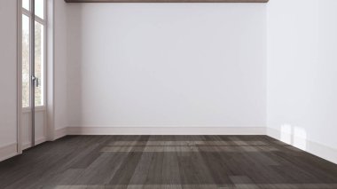 Karanlık ahşap iç mimari tasarım, parke döşemeli açık alan, kirişler tavan ve beyaz duvarlar, modern mimari konsepti.