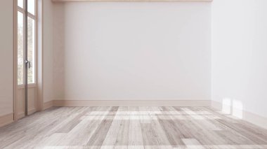 Beyazlatılmış ahşap iç mimari tasarım, parke döşemeli açık alan, kirişler tavan ve beyaz duvarlar, modern mimari konsepti.