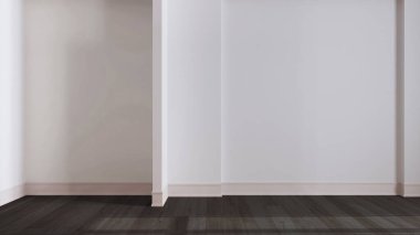 Karanlık ahşap iç mimari tasarım, parke zemin ve beyaz duvarlı açık alan, modern mimari konsept fikri.