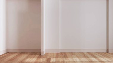 Ahşap boş oda iç tasarımı, parke zemin ve beyaz duvarlı açık alan, modern mimari konsept fikri.