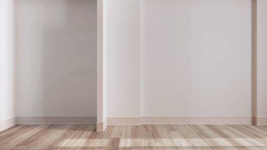 Beyazlatılmış ahşap oda iç tasarımı, parke zemin ve beyaz duvarlı açık alan, modern mimari konsept fikri.