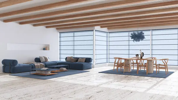 Minimal modern wooden living and dining room with sofa and table in white and blue tones. Limestone marble floor and beams ceiling. Japandi interior design