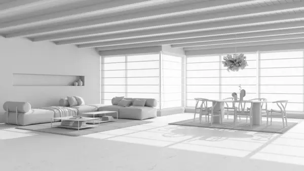Total White Project Draft Minimal Modern Wooden Living Dining Room — Stock Photo, Image