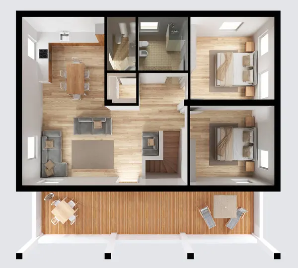 アパート フラットトップビュー デコレータ プラン クロスセクションインテリアデザイン 建築家デザイナーのコンセプトのアイデア ライトグレーの背景 — ストック写真
