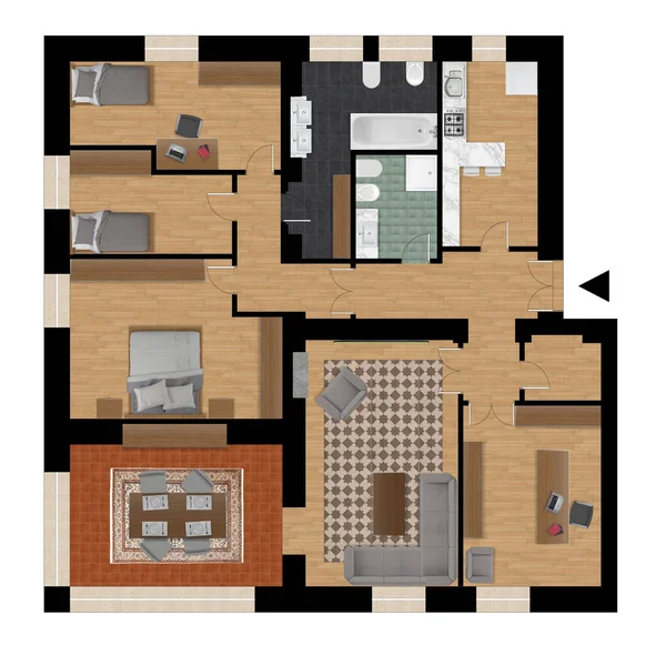 Apartman Lakás Felülnézet Bútorok Dekorok Terv Keresztmetszet Belsőépítészet Építész Tervező — Stock Fotó