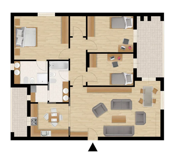Διαμέρισμα Επίπεδη Προβολή Επάνω Έπιπλα Και Ντεκόρ Σχέδιο Διατομή Εσωτερικό — Φωτογραφία Αρχείου