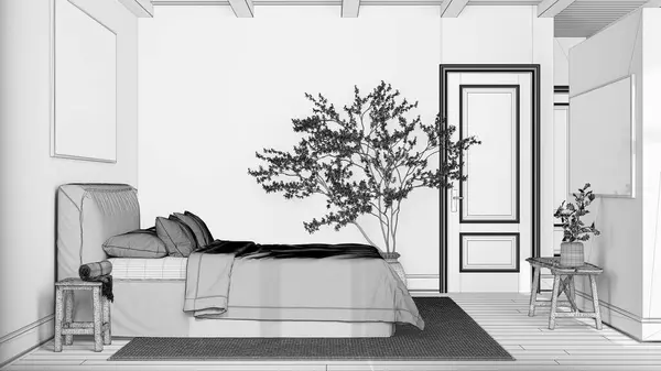 Blueprint Unfinished Project Draft Scandinavian Nordic Wooden Bedroom Double Bed — Stock Photo, Image