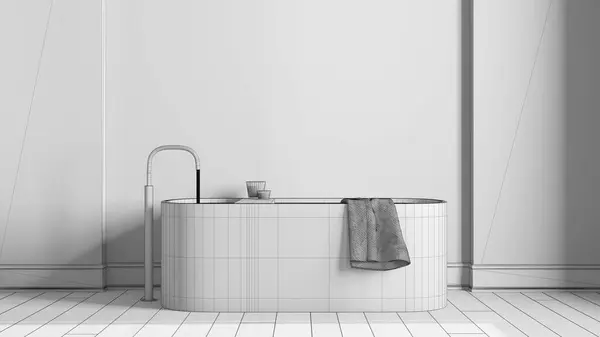 Σχέδιο Ημιτελές Σχέδιο Έργου Μινιμαλιστικό Σκανδιναβικό Ξύλινο Μπάνιο Από Κοντά — Φωτογραφία Αρχείου