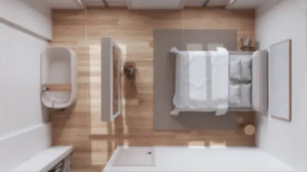 模糊的背景 北欧丑闻的木制卧室和浴室 双人床和浴缸 走在衣柜里 顶部视图 最低室内设计 — 图库照片