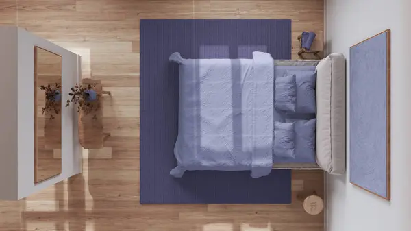 Скандинавская Деревянная Спальня Белых Фиолетовых Тонах Двуспальная Кровать Ковер Декор — стоковое фото