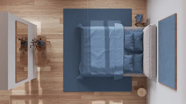 Скандинавская Деревянная Спальня Белых Синих Тонах Двуспальная Кровать Ковер Декор — стоковое фото