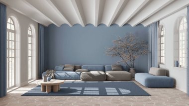 Kanepesi ve halısı beyaz ve mavi tonlarda asgari modern oturma odası. Taş mermer zemin ve kubbeli tavan. İskandinav iç tasarımı