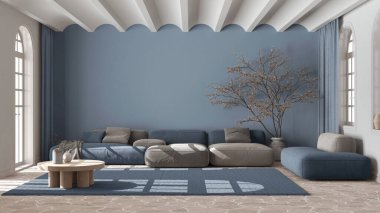 İskandinav İskandinav oturma odası beyaz ve mavi tonlarda. Halılı kadife kanepe, kubbeli tavan ve taş zemin. En düşük iç tasarım