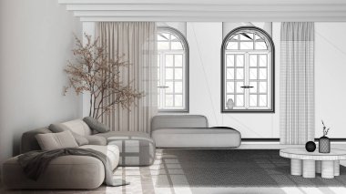 Mimar iç mimar konsepti: elle çizilmiş tamamlanmamış proje gerçek, minimalist İskandinav oturma odasına dönüşüyor. Kadife kanepe ve taş zemin. İskandinav tarzı