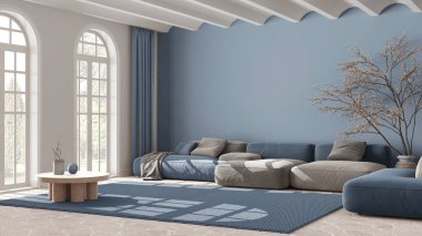 Beyaz ve mavi tonlarda çağdaş oturma odası. Kadife kanepe ve halı. Taş zemin, kemerli pencereler ve yüksek tavan. Minimalist iç tasarım