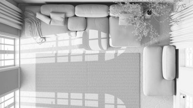 Tamamen beyaz proje taslağı, modern oturma odası. Yastıklı ve halılı kadife kanepe, saksı ağacı ve dekorlar. Minimalist iç tasarım. Üst görünüm, plan, yukarıda