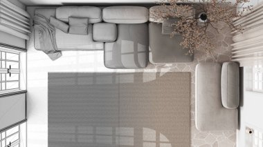 Mimar iç mimar konsepti: elle çizilmiş tamamlanmamış proje gerçek, modern oturma odası haline geliyor. Kadife kanepe ve halı. Minimalist tarzda. Üst görünüm, plan, yukarıda