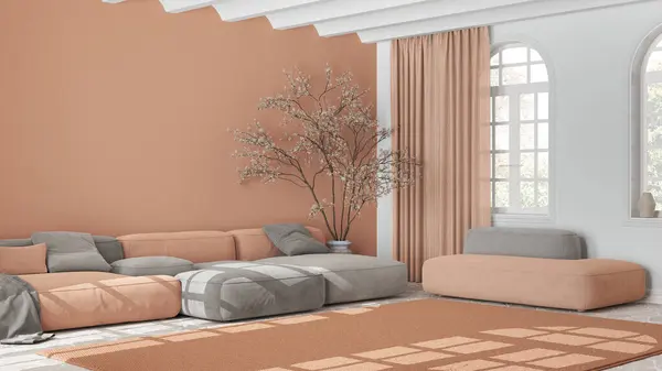 Scandinavian nordic living room in white and orange tones. Velvet sofa with pillows and carpet, potted tree and decors. Minimalist modern interior design