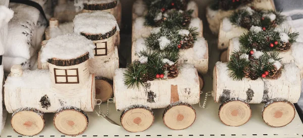 Dětský Dřevěný Břízový Vlak Vánocům — Stock fotografie