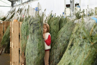 Marketten Noel ağacı alan bir kız..