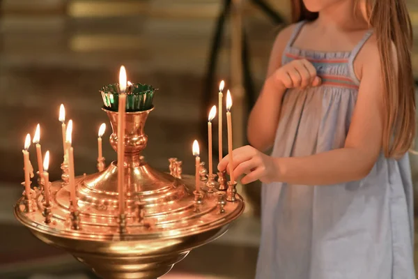 Little Girl Puts Candle Church Orthodoxy Children — ストック写真