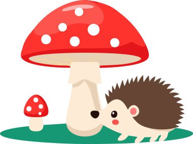 Kirpi ve Uçan Agarik Mantarlar çocuklar için izole edilmiş vektör, kirpi çizimi