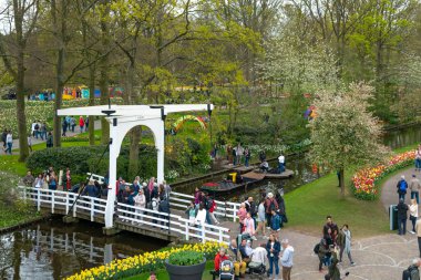 Lisse, Hollanda - 17 Nisan 2019: Çok sayıda kişi yukarıdan Keukenhof Park Manzarası 'nda yürüyor