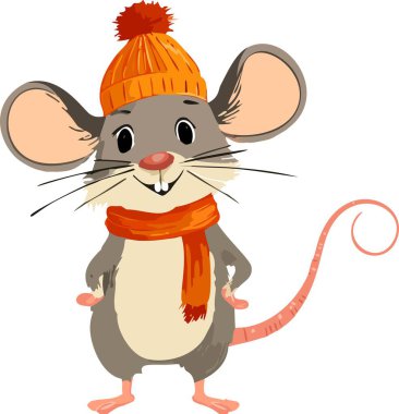 Turuncu şapkalı ve eşarplı fare. Çizgi film tarzı..