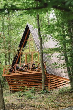 Ormanda turistler için ahşap bir üçgen ev.