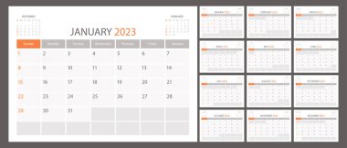 Takvim planlayıcısı 2023 vektör takvimi ay çizelgesi, düzenleyici şablon. Hafta pazar günü başlıyor. Kişisel iş sayfası. Modern basit resimleme