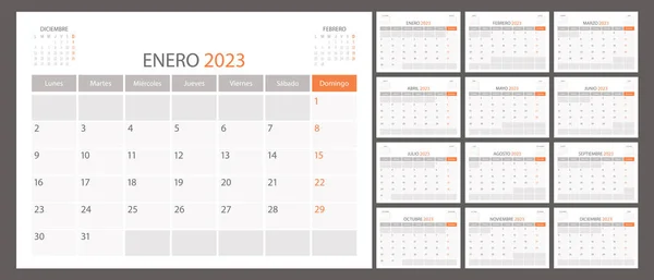 Hiszpański Kalendarz Planer 2023 Wektor Kalendarz Miesiąc Kalendarz Szablon Organizatora — Wektor stockowy