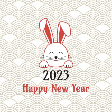 Çin Yeni Yıl tavşanı sembolü 2023, Asya afişi, tatil vektör geçmişi, geleneksel kırmızı tavşan burcu, doğu desenli mutlu şirin tavşan. Hayvan kutlaması illüstrasyonu