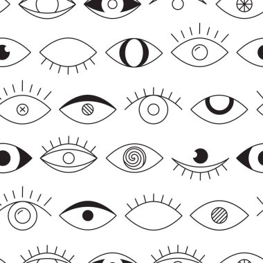 Göz vektörü kusursuz desen, siyah beyaz çizgi izi, modaya uygun karalama arka plan, retro memphis dokusu. Basit görünüm illüstrasyonu