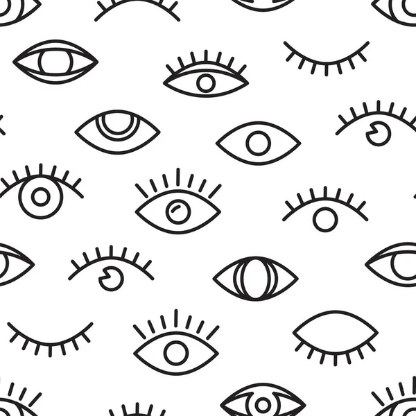 眼向量无缝图案 最小的字符线条打印 可爱的涂鸦纹理 黑色的眼睛壁纸 卡通画简图 — 图库矢量图片