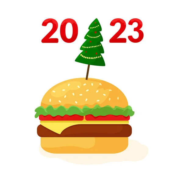クリスマスの漫画のチーズバーガー 2023ファーストフードバーガーアイコン 新年のハンバーガーのための休日のバナー お祝い料理イラスト — ストックベクタ