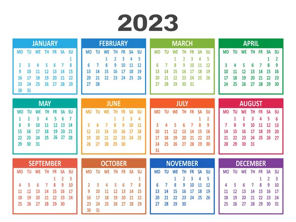 Ημερολόγιο 2023 Έτος Πρότυπο Διάνυσμα Εβδομάδα Αρχίζει Δευτέρα Αφηρημένη Έγχρωμη — Διανυσματικό Αρχείο