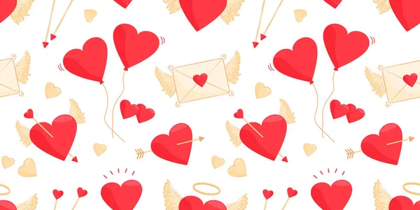 День Святого Валентина Бесшовный Узор Сердце Конверт Купидон Подарок Свадебный — стоковый вектор