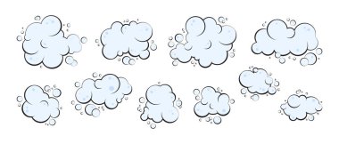 Çizgi film köpüğü, dumanlı içecek, sabun veya gaz bulutu vektör ikonu, mavi su kabarcığı el çizimi, beyaz arka planda izole edilmiş şampuan köpükleri. Eğlenceli illüstrasyon