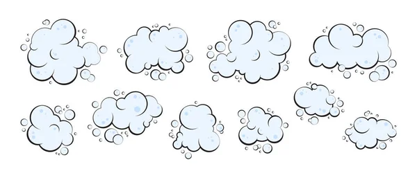 卡通泡沫 烟雾弹 肥皂或气体云雾矢量图标 蓝色水泡套手绘 洗发液在白色背景上隔离 有趣的例证 — 图库矢量图片