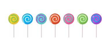 Lolipop şeker vektör seti, çubuktaki sarmal emici, şeker girdabı ikonu. Çizgi film tatlı lolipopu. Beyaz arkaplanda izole edilmiş renkli illüstrasyon