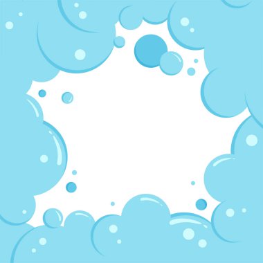 Cartoon soap bubbles border. Suds frame and foam background, blue clouds banner. Laundry effect. Abstract vector illustration